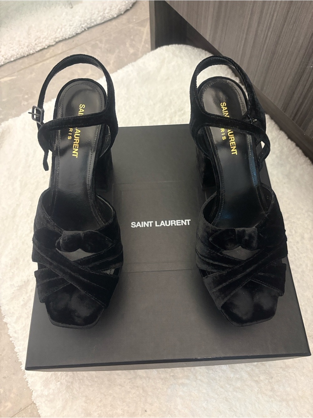Saint Laurent Black Suede Chunky Heel Sandals
